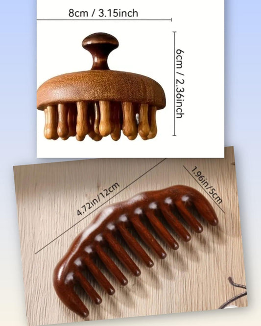 WOODEN SCALP MASSAGE COMB & BRUSH SET